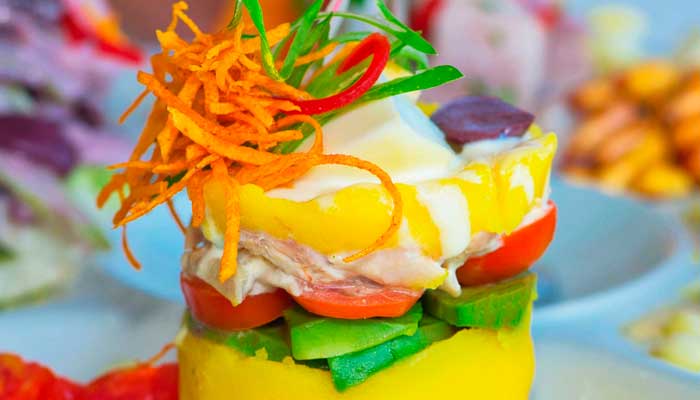 Causa limeña: Made from yellow potatoes, eggs, avocados, etc.